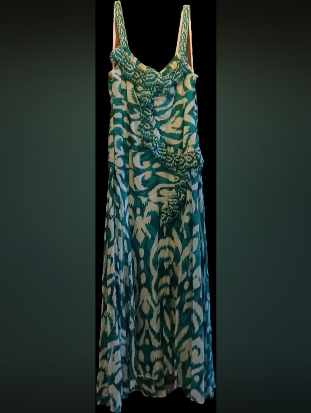 Alex Marie Teal and White Printed Ruffle Maxi Dress